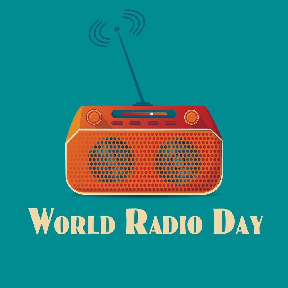 Banner or poster for world radio day with retro cassette stereo system on turquoise background with concept lettering vector