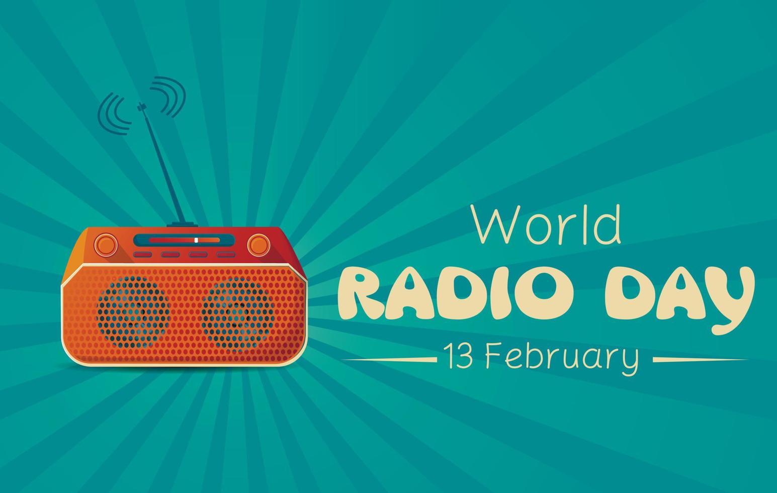 Banner or poster for world radio day with retro cassette stereo system on turquoise background with concept lettering vector