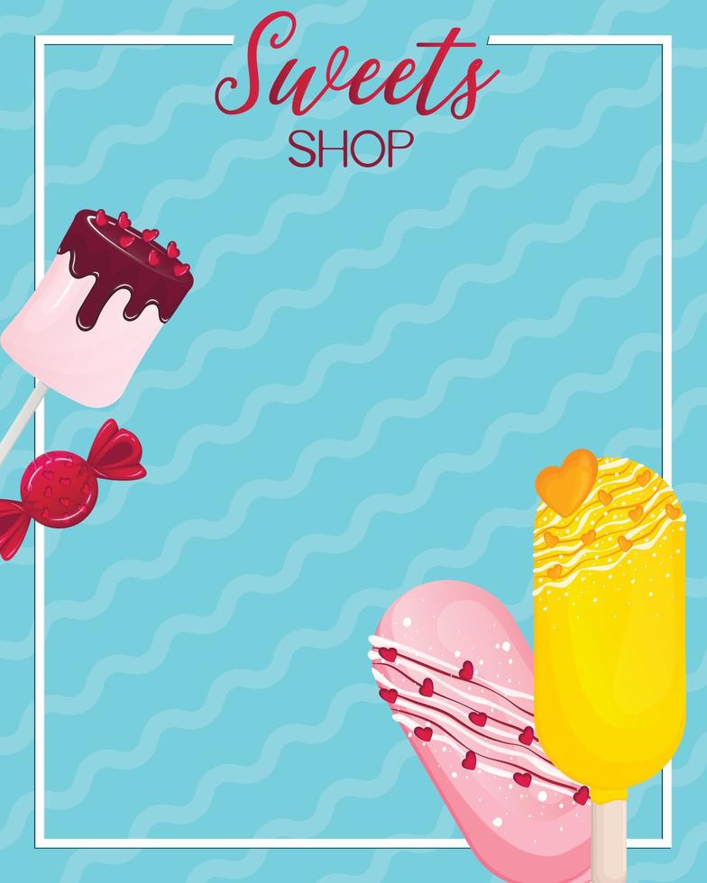 Flyer design for confectionery, candy and sweet shops, baked goods. A4 Vector illustration for poster, banner, card, flyer, cover, menu, cafeteria advertisement.
