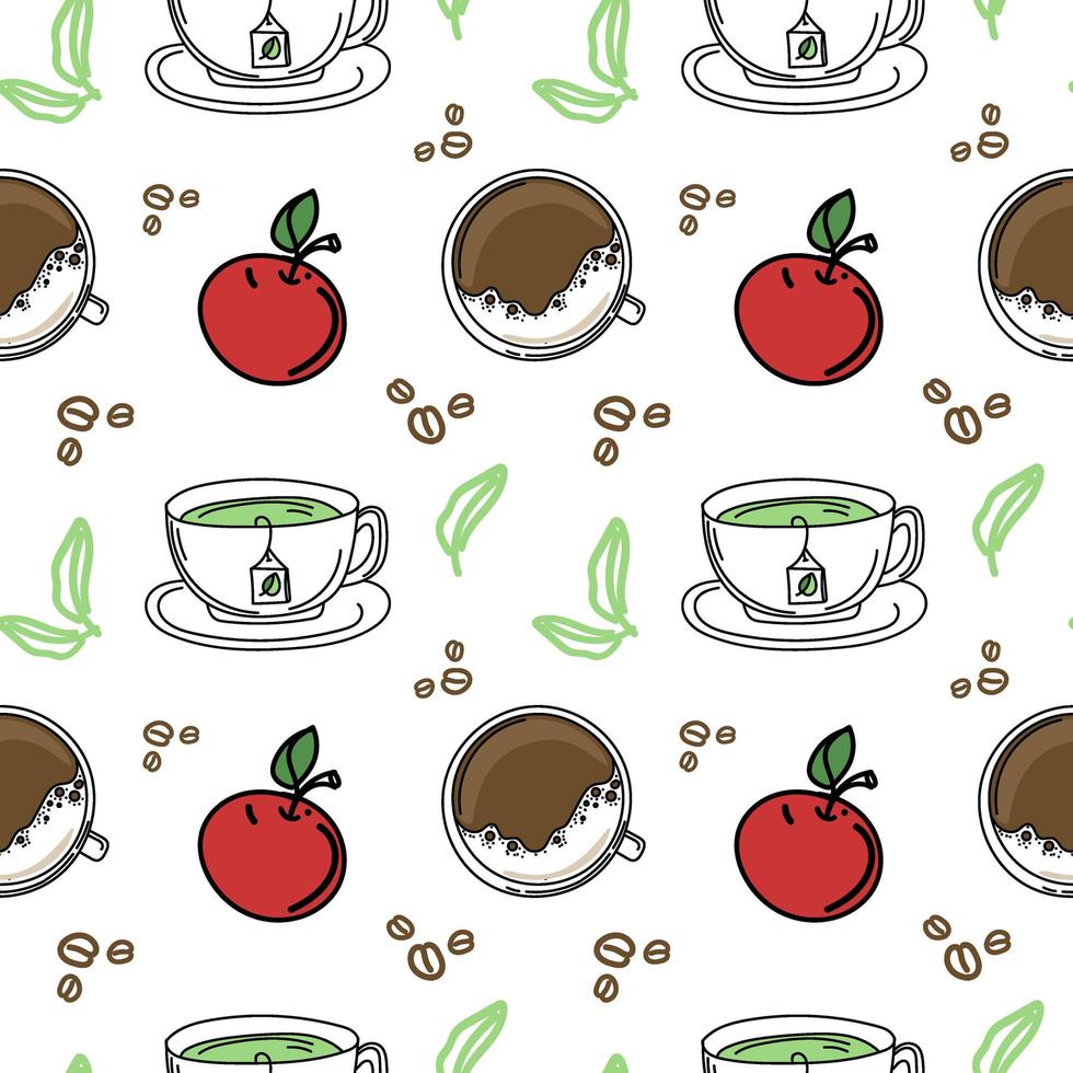 A seamless drawing of hot breakfast drinks. Hand-drawn doodle-style elements. Breakfast. Good Morning. Coffee and green tea. Simple vector in doodle style.