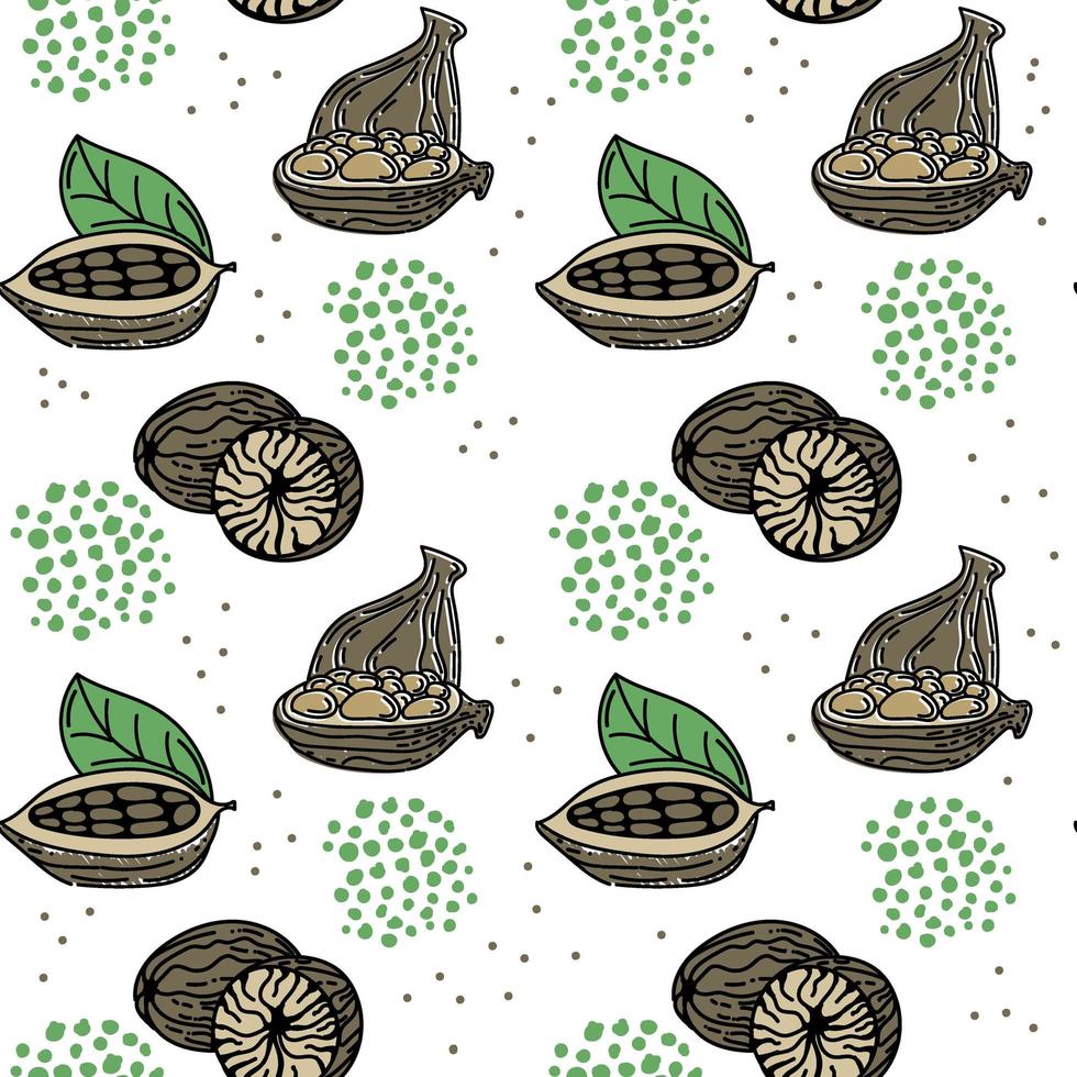 A seamless pattern of spices, condiments for food and drink. Hand-drawn, doodle-style elements. Cardamom, cacao beans, and nutmeg. A simple vector in a doodle style.
