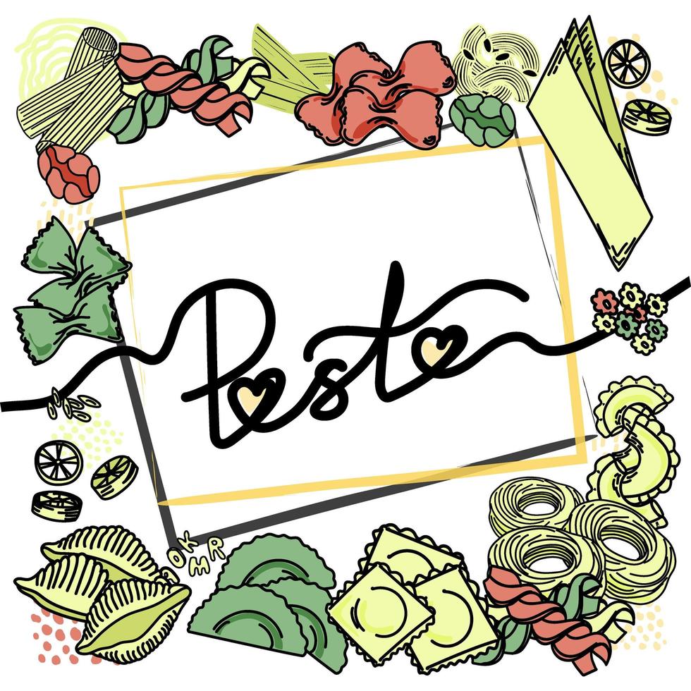 Vector illustration of lettering for pasta restaurant. Logo for tasty pasta cafe. Template of banner or poster for pasta cafe or restaurant. Handwritten calligraphy made by ink and brush. EPS 10