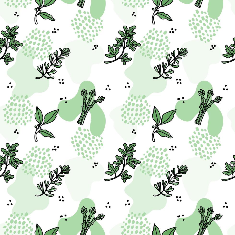 Seamless pattern of herbs, drawn element in doodle style. Herbs and spices - parsley, asparagus, rosemary and bay leaf. Pattern in a trendy linear style and green palette. vector
