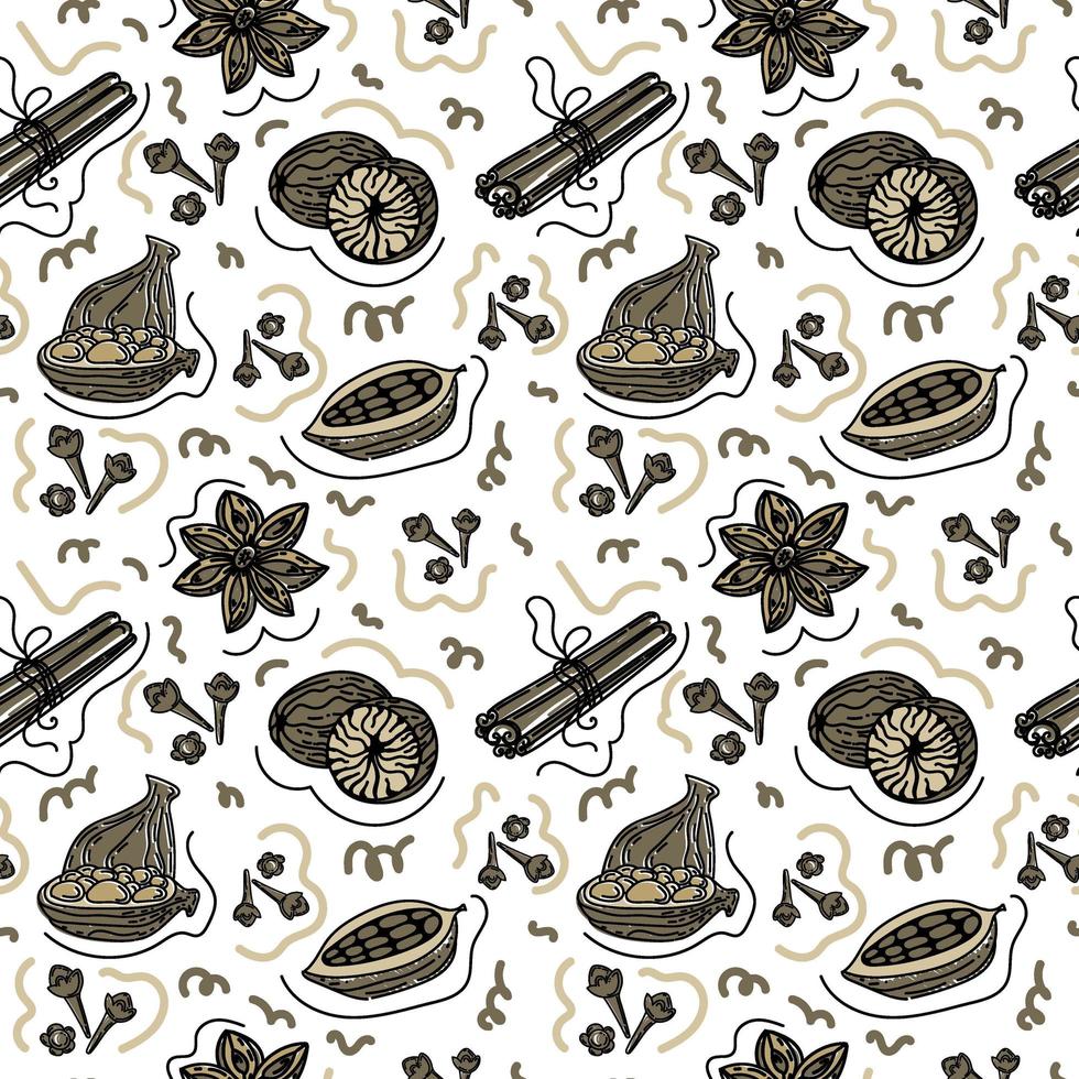Seamless spice pattern, drawn element in doodle style. Christmas. Spices for mulled wine. Herbs and spices - anise, cloves, cardamom and cacao beans. Linear style pattern and warm chocolate palette. vector