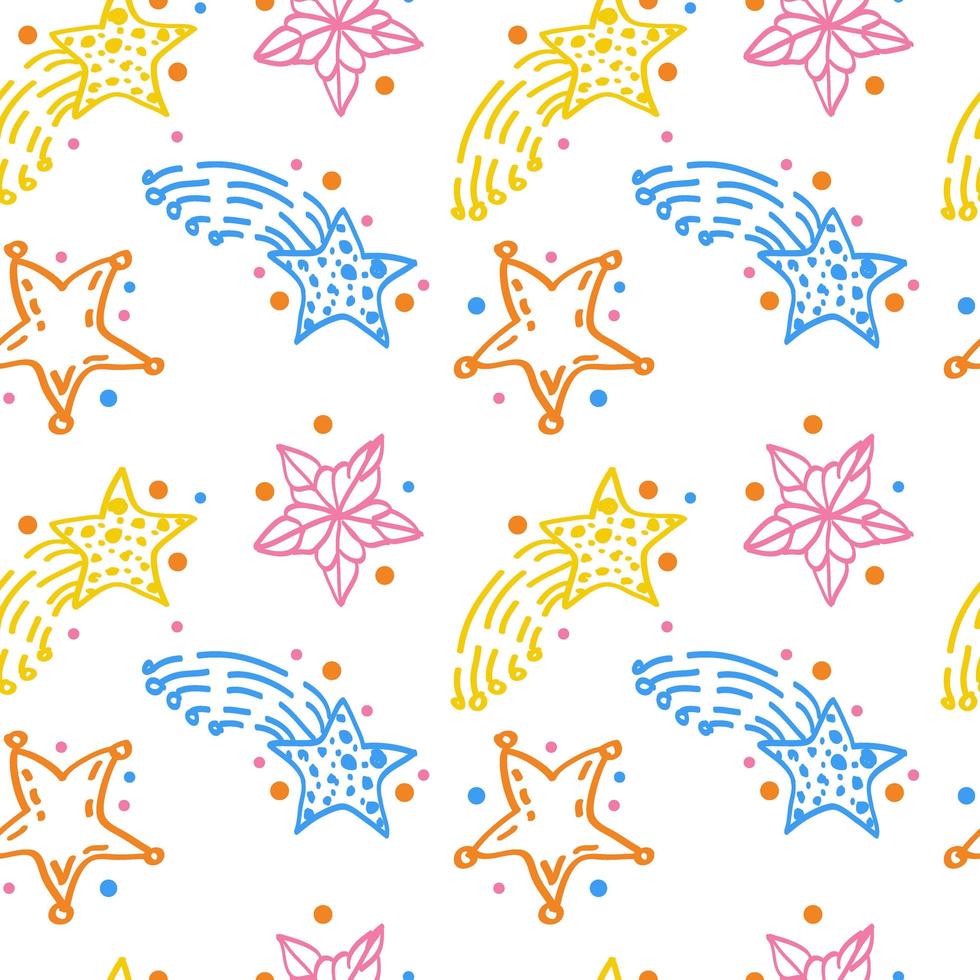 Modern geometric star pattern on white background. Doodle style vector. Multicolored stars with circles. Vector star pattern background