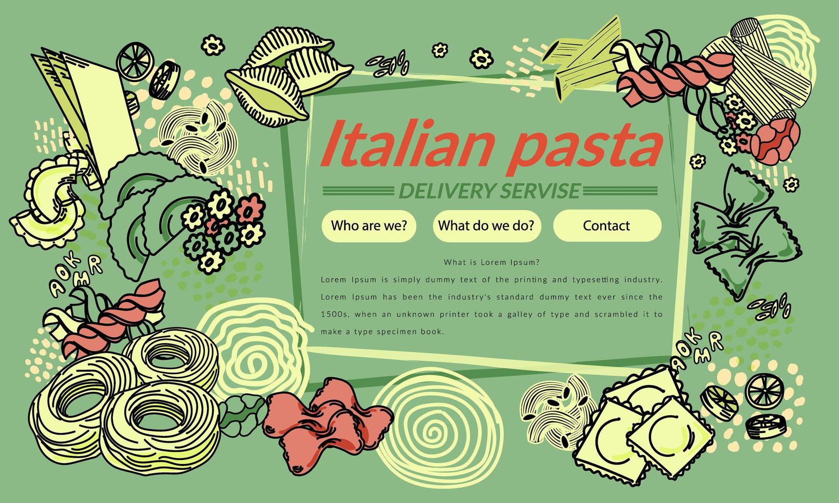 Italian pasta in a frame. Hand-drawn vector illustration in doodle style. Italian pasta products. Food service design template, website, flyer. Illustration of farfalle, penne and spaghetti.
