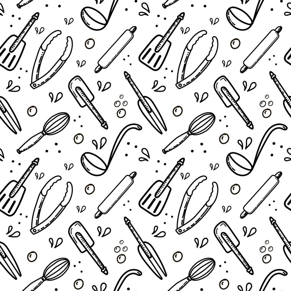 A seamless pattern of hand-drawn elements. Chef's tools rolling pin, tongs, spatula, whisk, and fork. Doodle style vector illustration.