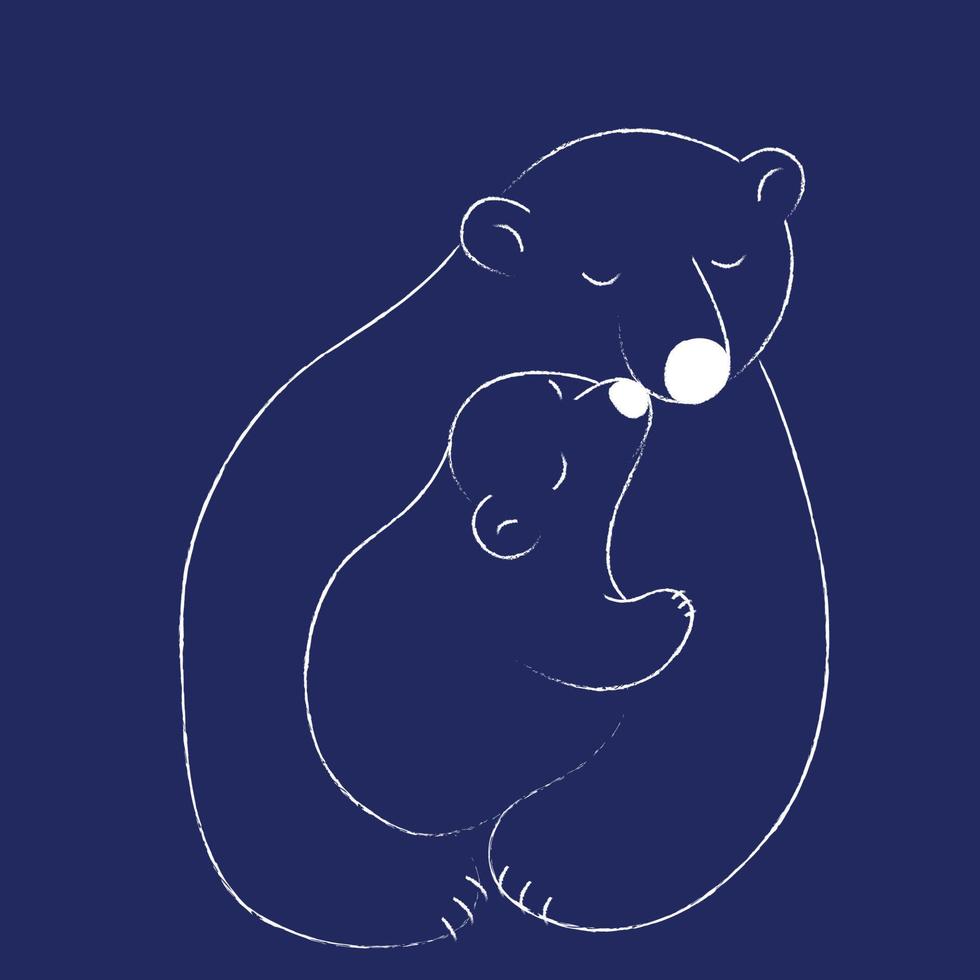 Hand-drawn polar bear hugs a little bear, white vector outline on dark blue background