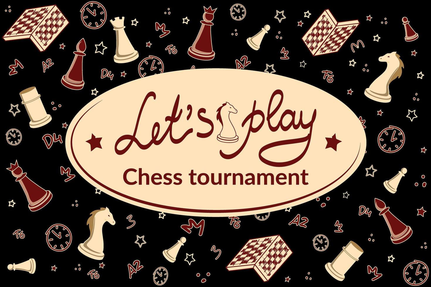 Banner template with elements of a cartoon chess game. Hand-drawn inscription. Doodle sketch style. Vector illustration for chess club, banner for tournaments, frame, background for brochure.