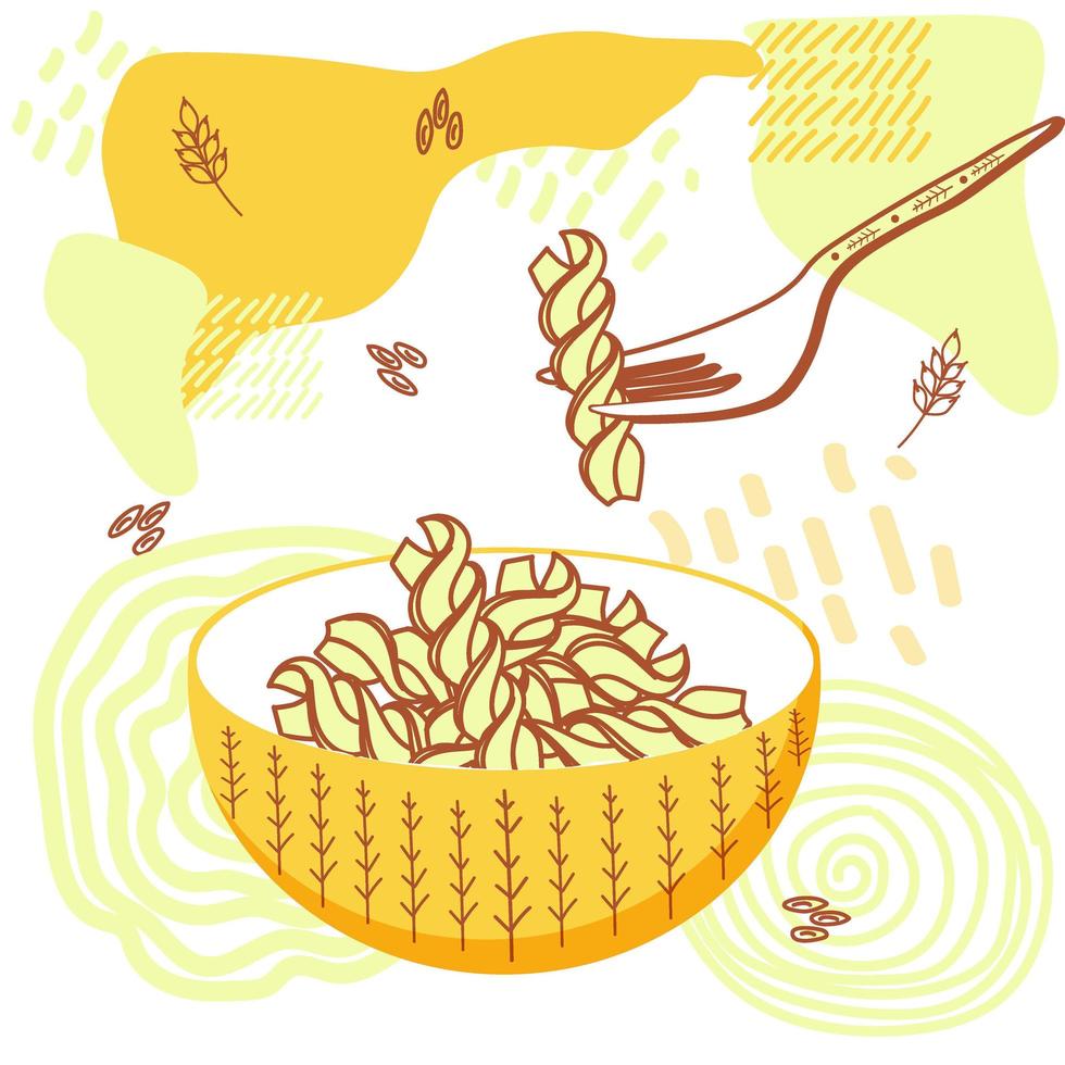 Hand-drawn pasta, fusilli, fork and cup. A cup with a drawing. Abstract background with small grains and an ear of wheat. Doodle style vector illustration.