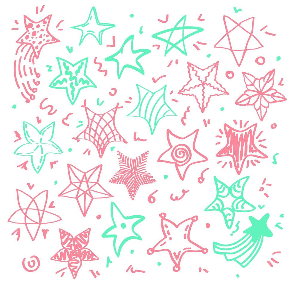 A set of colorful cute stars. Objects of different shapes, sizes, and patterns. Hand-drawn elements. Doodle style vector. vector