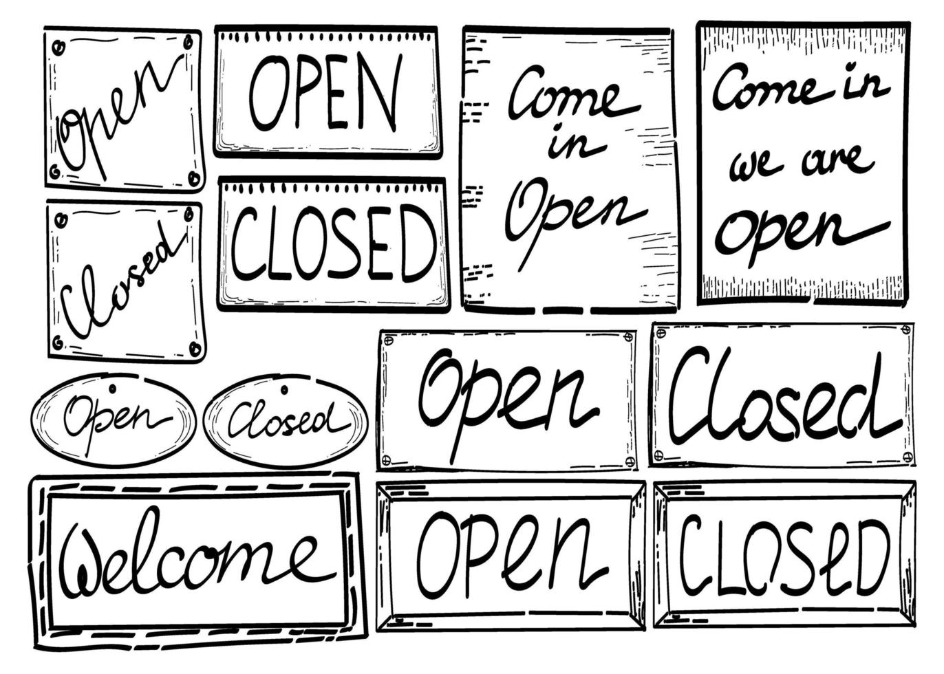 Vector illustration. Hand-drawn set of open and closed door signs. A doodle-style sketch. A sign with an open door or store window.