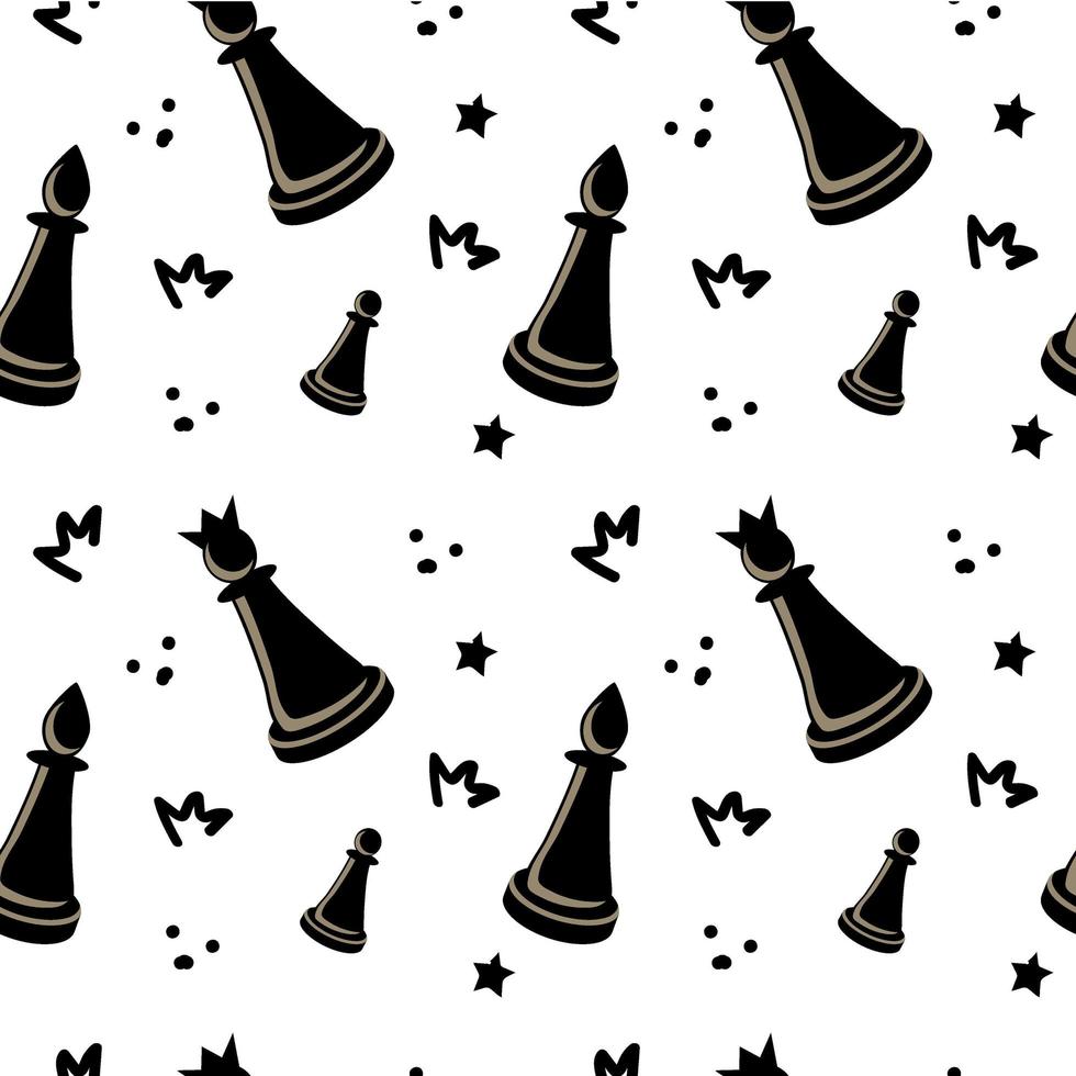 Seamless pattern of cartoon chess pieces on white background. Hand-drawn elements. Queen, rook and pawn. Doodle style vector. vector