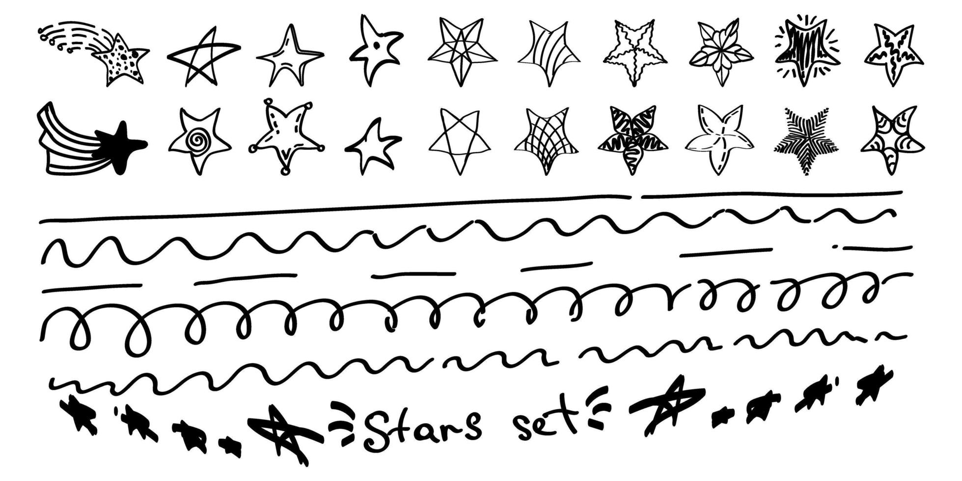 A set of colorful cute stars and smooth lines. Objects of different shapes, sizes, and patterns. Hand-drawn elements. Doodle style vector. vector