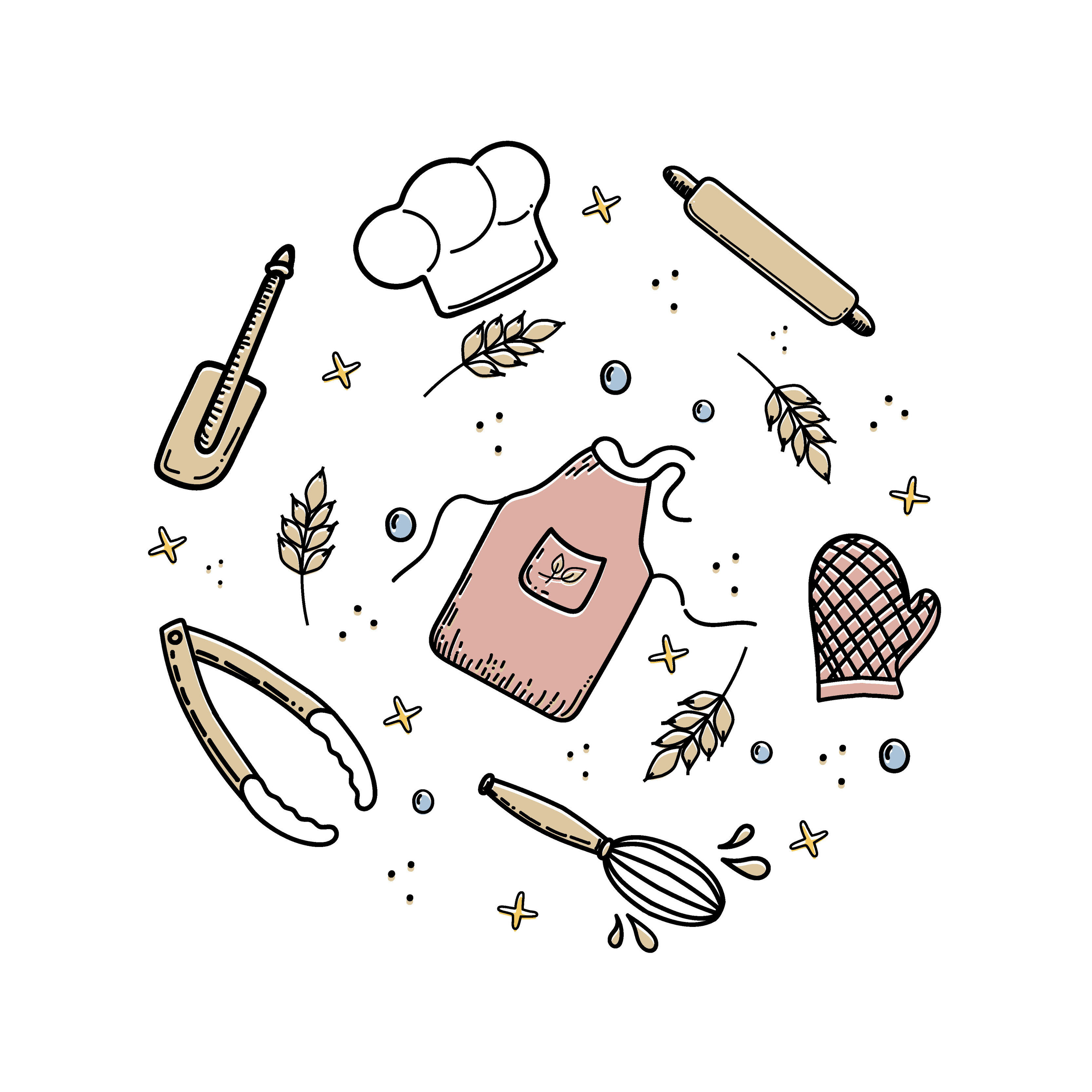 https://static.vecteezy.com/system/resources/previews/005/760/043/original/hand-drawn-chef-s-tools-and-clothes-in-doodle-style-elements-arranged-in-a-circle-wheat-cook-s-cap-apron-and-oven-mitts-scoop-spatula-and-tongs-vector.jpg