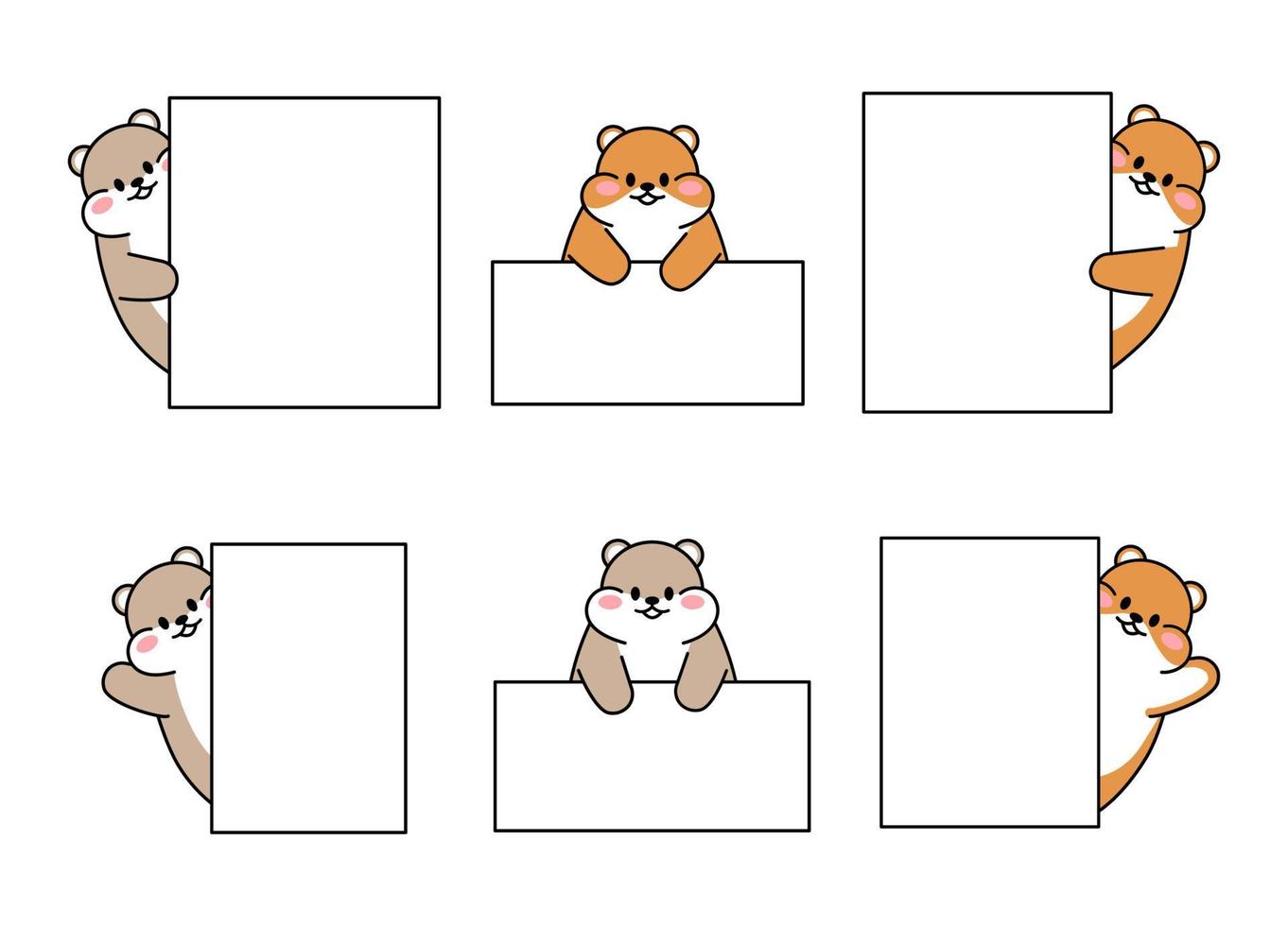 Set of cute drawn hamsters. Kawaii hamster with a frame for text with a note divider. Collection of avatars mascots funny character animal stickers isolated on white. Vector stock illustration.