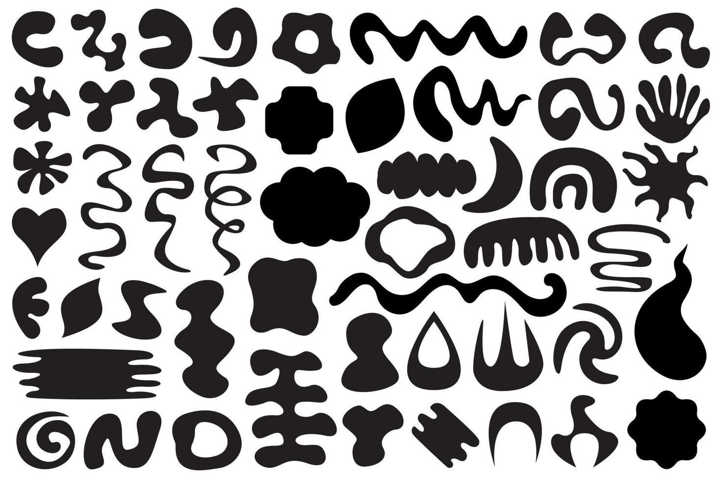 formas vectoriales planas, elementos geométricos de diseño en blanco y negro. formas abstractas de memphis, figuras negras en estilo boho, líquidos, fluidos, ondas y zigzags aislados en fondo blanco. vector