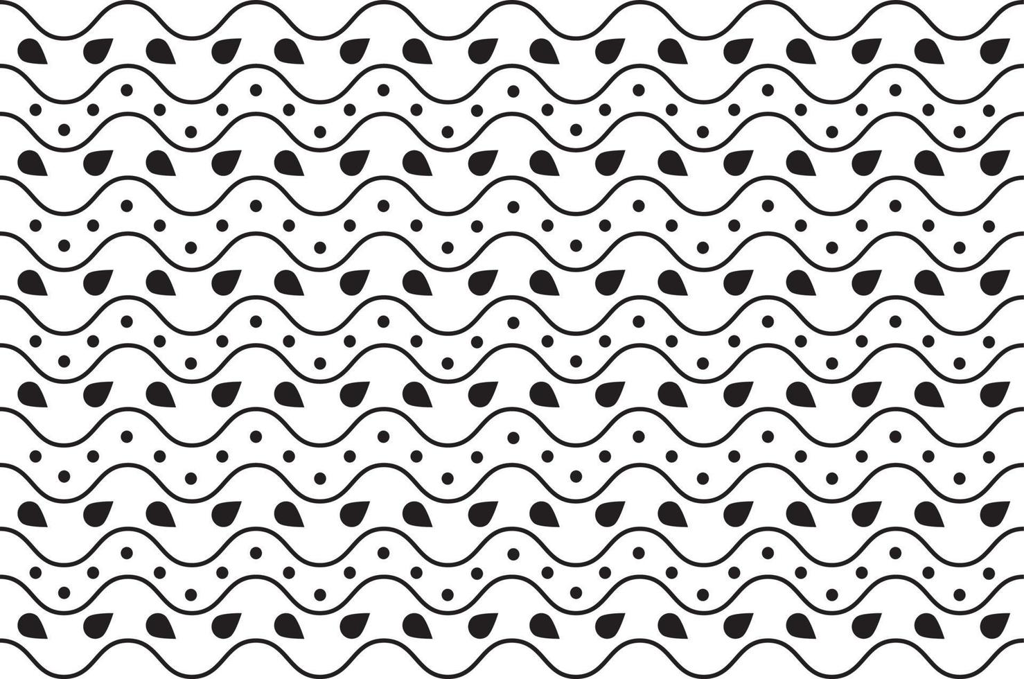 Seamless black and white wave pattern with dots and drop shapes. Vector seamless monochrome textile wave pattern.