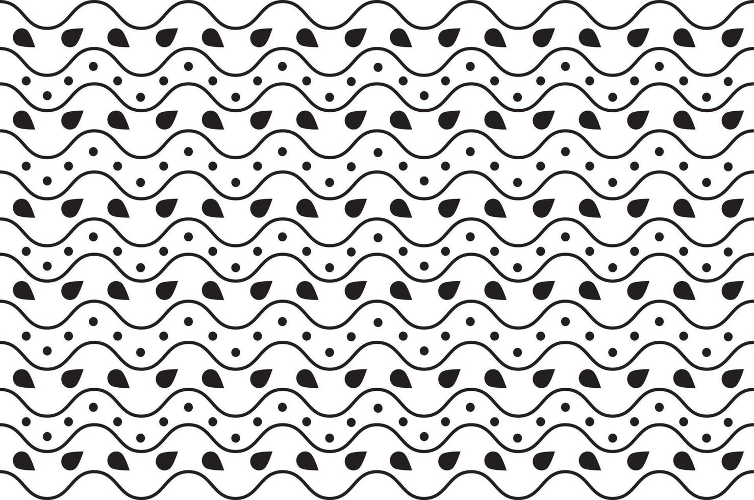 Seamless black and white wave pattern with dots and drop shapes. Vector seamless monochrome textile wave pattern.