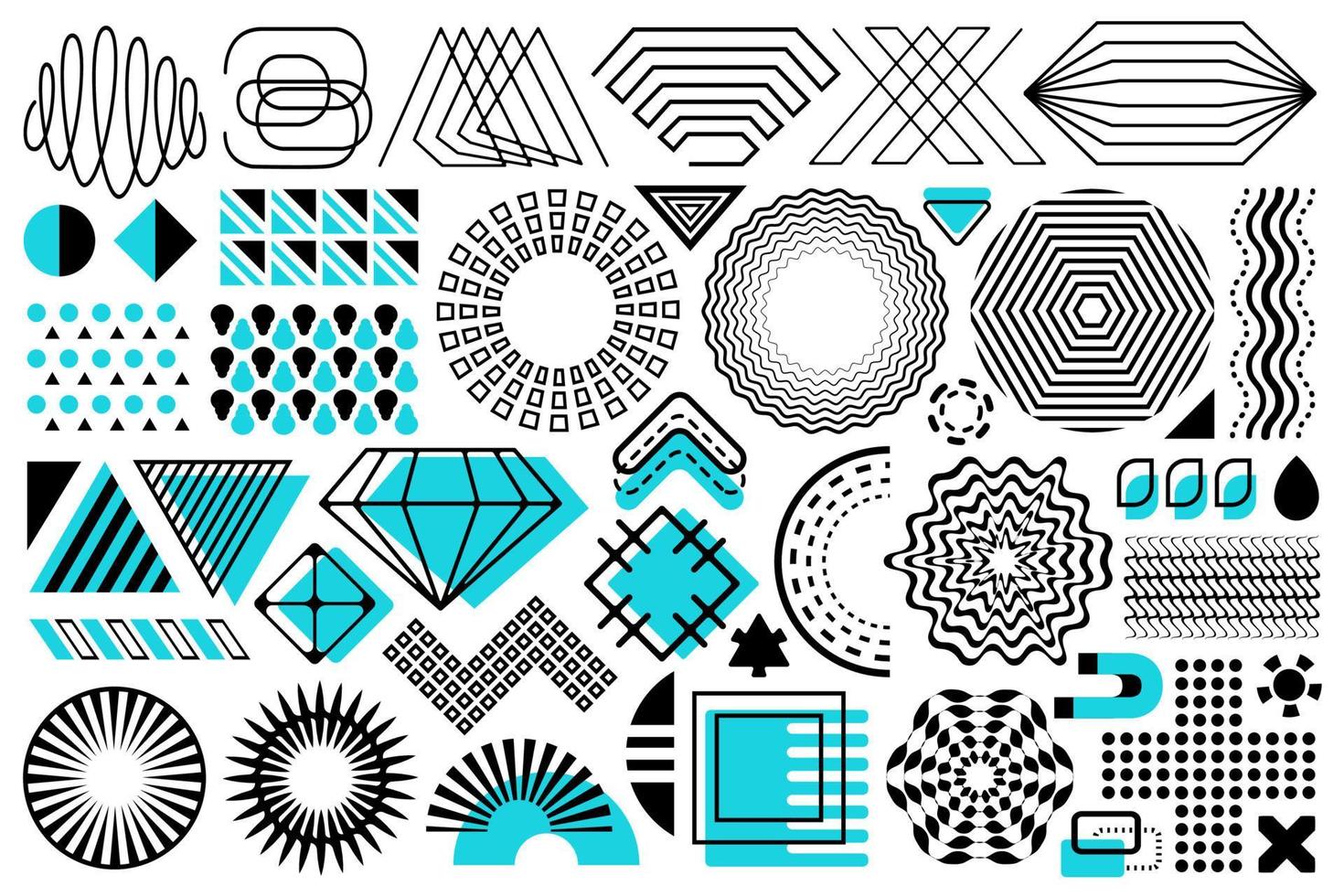 Big vector Memphis set, black and mint abstract modern design elements. Universal trend halftone geometric shapes collection, design elements with bright bold mint elements.