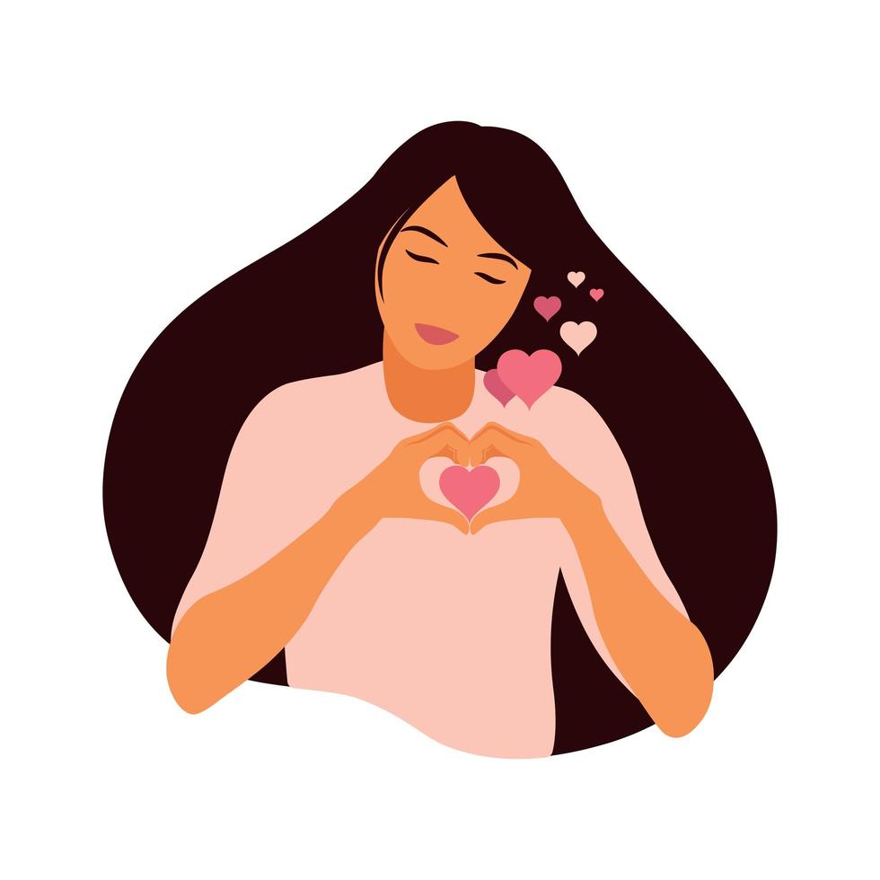 Love yourself concept. Young girl making hand heart symbol with her fingers that express love and acceptance. Flat vector. vector