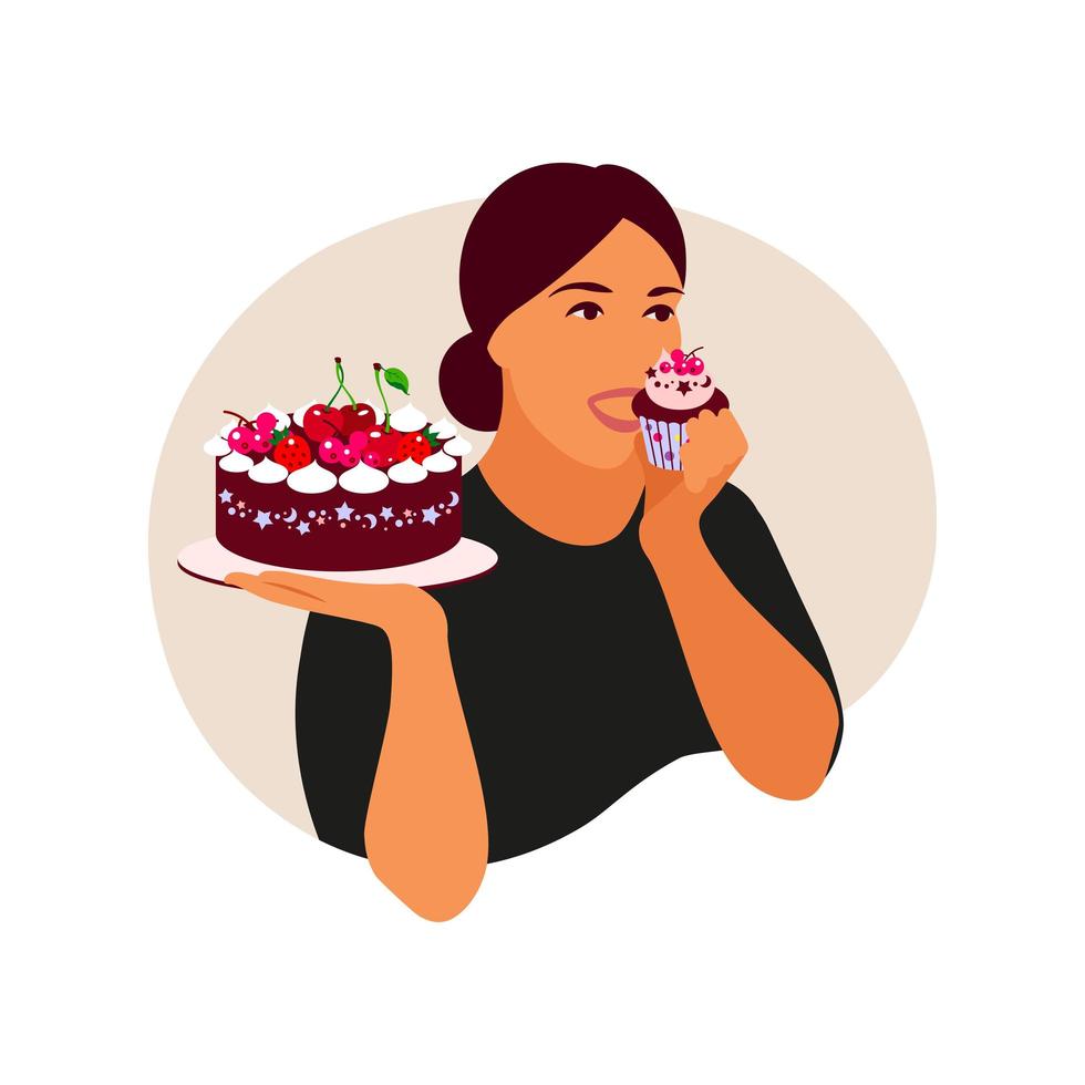 Eating disorder concept. A woman is thinking about breaking her diet. Vector illustration. Flat