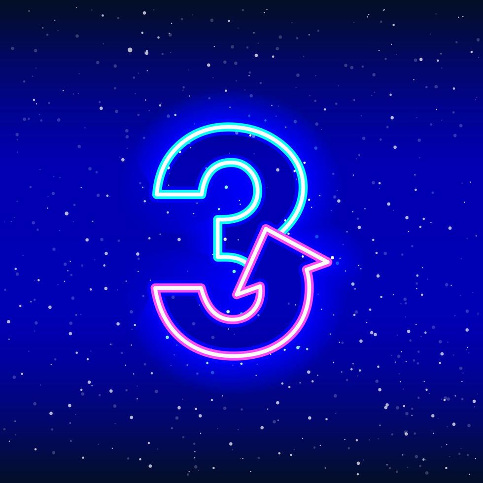Number 3 and arrow sign icon in neon blue and pink color. Arrowed numeral three of space stars. Neon linear digit design. Realistic neon icon. Linear icon on blue background. vector