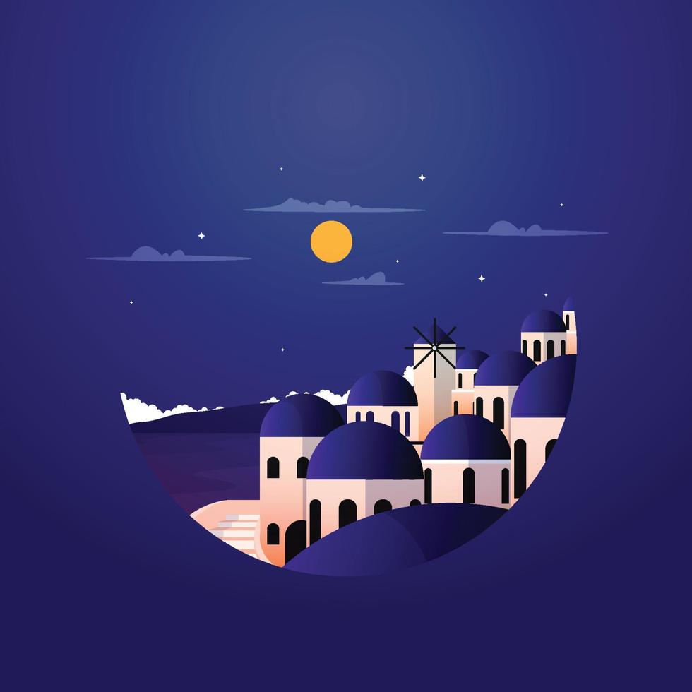 noche santorini grecia mar egeo vacaciones viajes gira círculo emblema vector