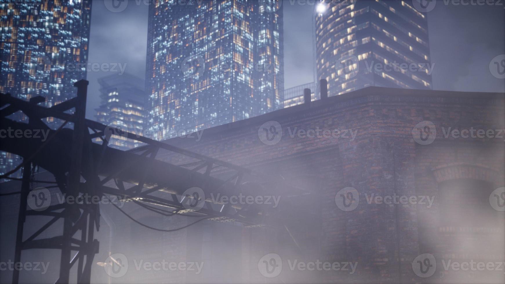 skyscrapers of business center and pipes of factory polluting air photo