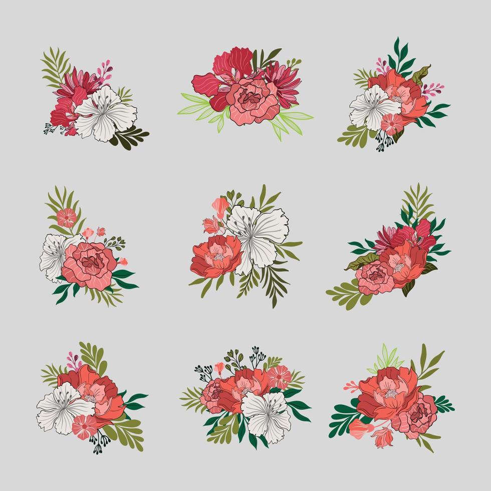 conjunto floral con hojas y flores, elementos para tus composiciones tarjetas de boda vector