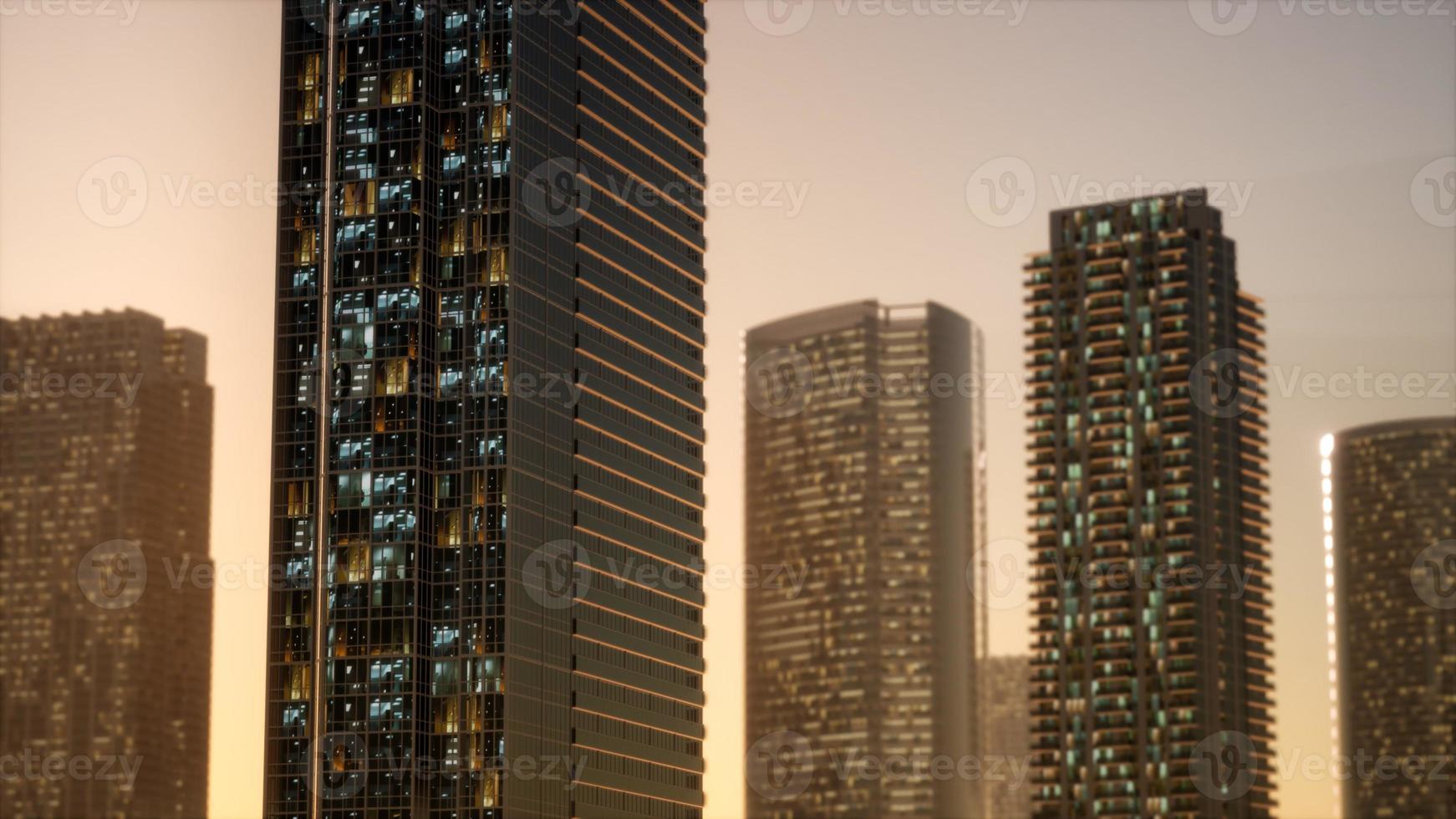 sunset aerial shot of skyscrapers of business centre photo