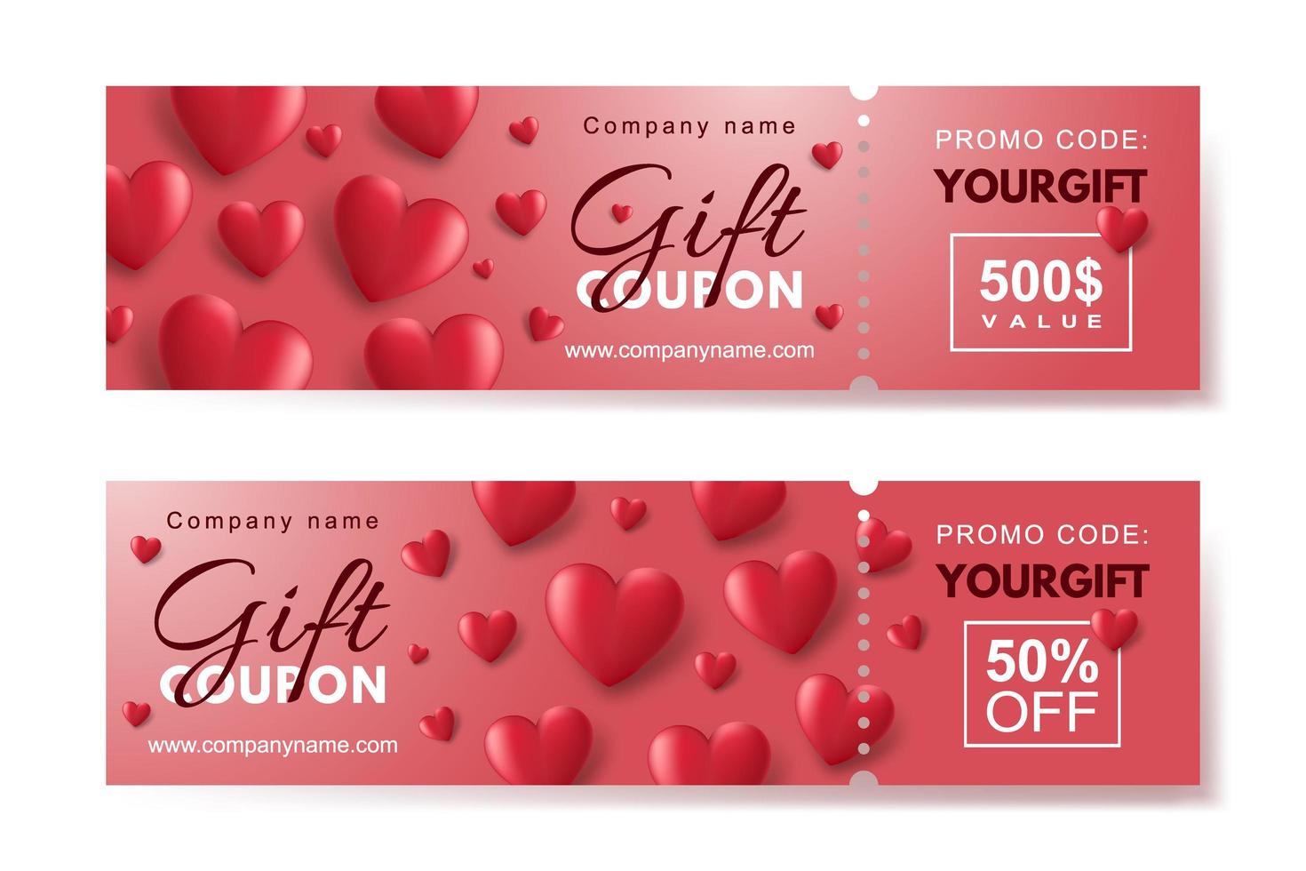 Set of gift coupons with red 3d hearts. Template for a festive gift voucher, invitation and certificate. Vector Illustration