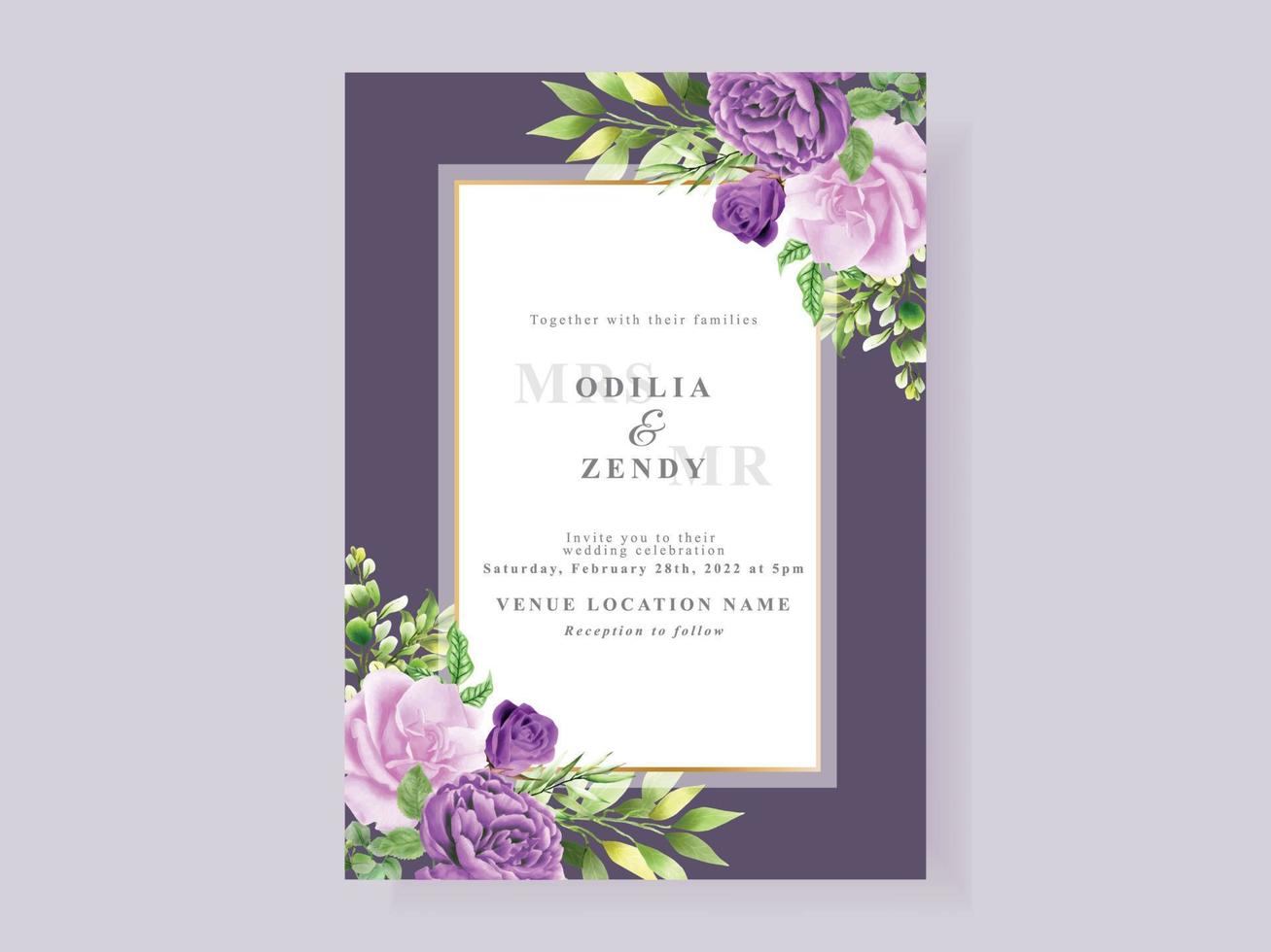 hermosa plantilla de tarjeta de invitación de boda floral púrpura vector