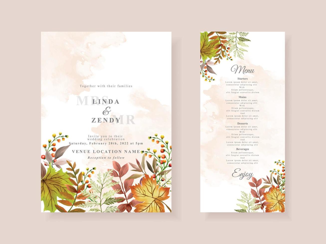 tarjeta de invitación de boda con tema de la temporada de otoño vector