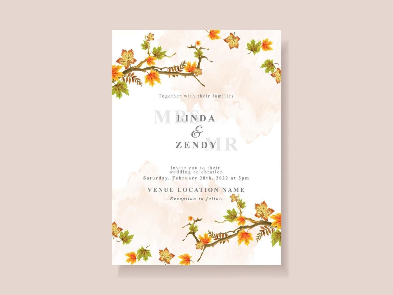 Wedding invitation card with autumn season theme vector