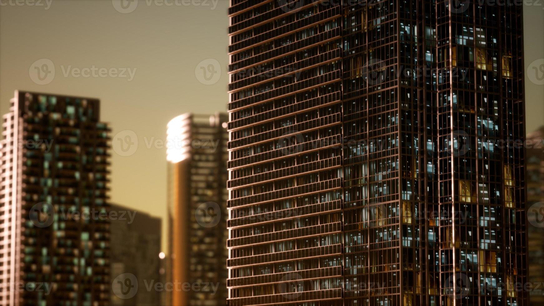 sunset aerial shot of skyscrapers of business centre photo