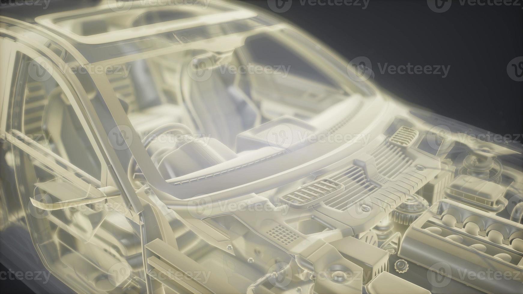 Holographic animation of 3D wireframe car model with engine photo