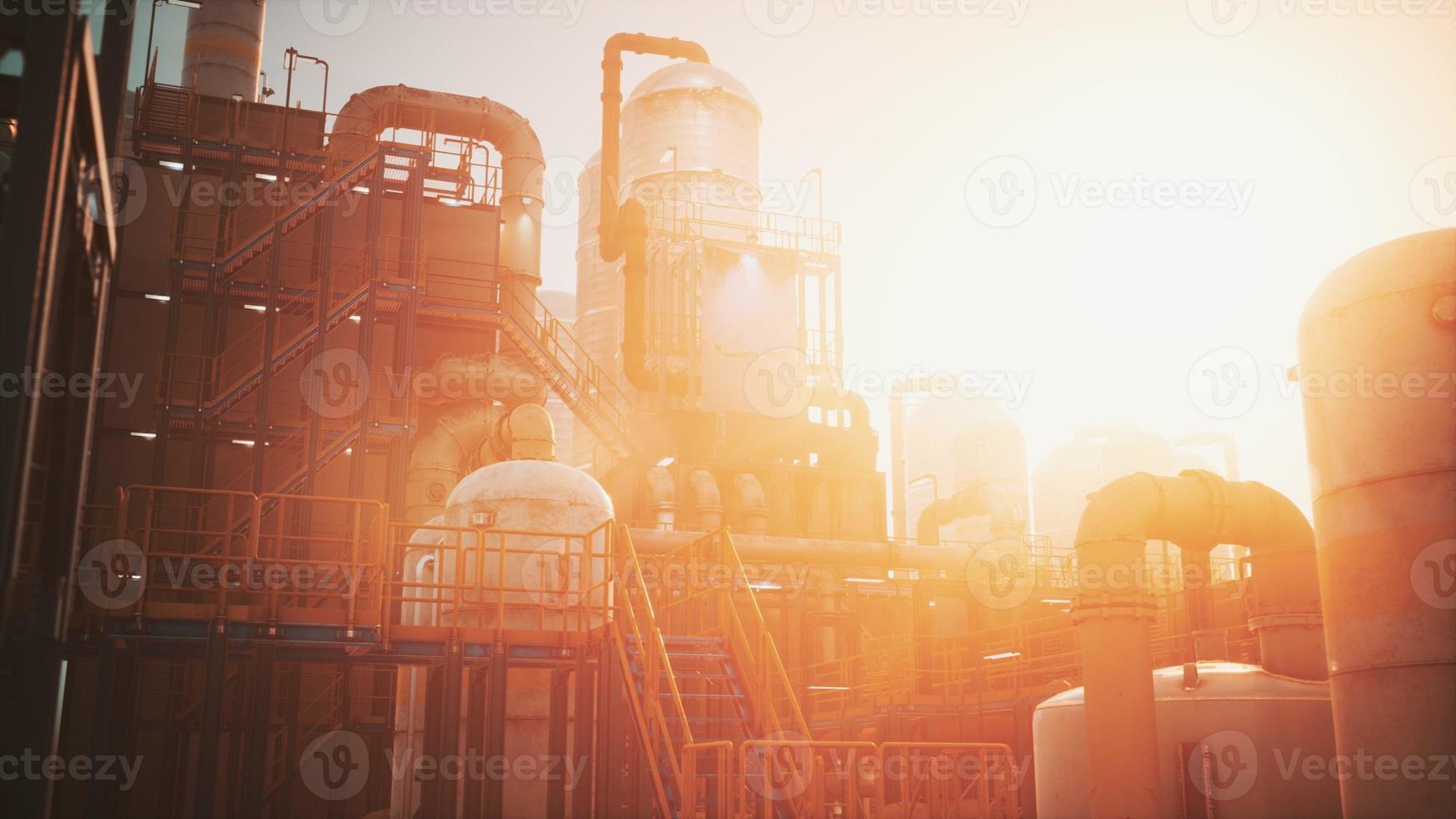 fábrica de refinería de la industria petrolera al atardecer foto