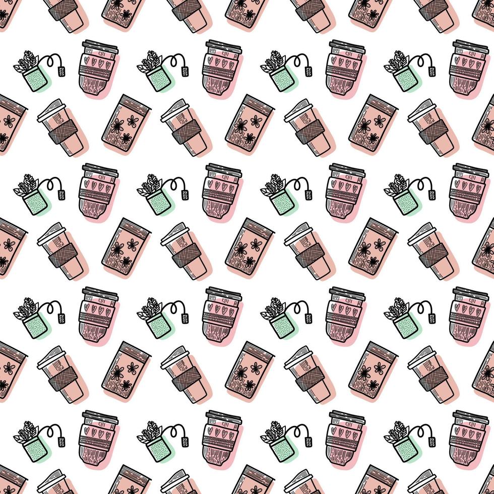 Vector seamless pattern. Outline Illustrations of reusable cups. Coffee and tea mugs for take away drinks. For advertising social media posts printing on paper and fabric.