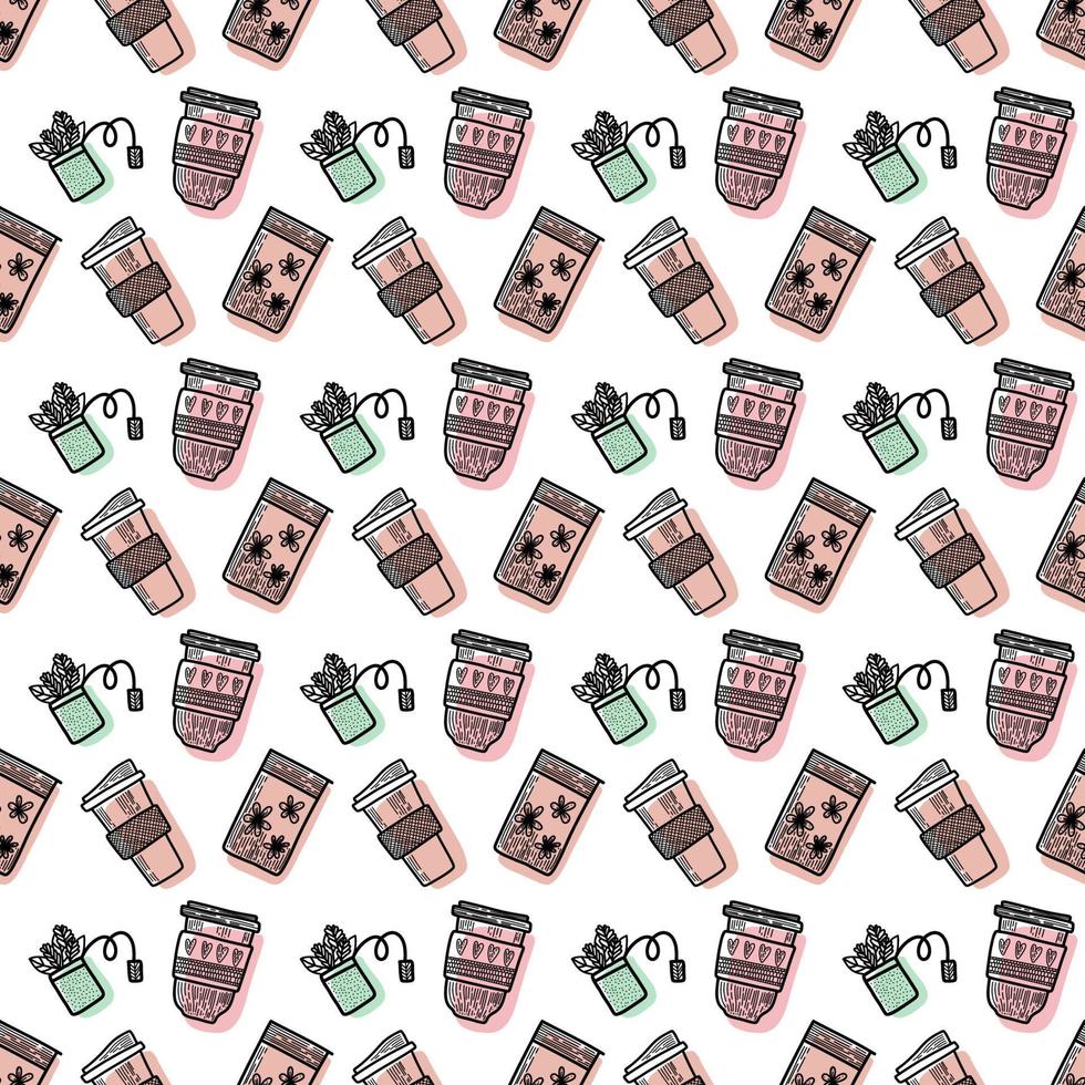 Vector seamless pattern. Outline Illustrations of reusable cups. Coffee and tea mugs for take away drinks. For advertising social media posts printing on paper and fabric.