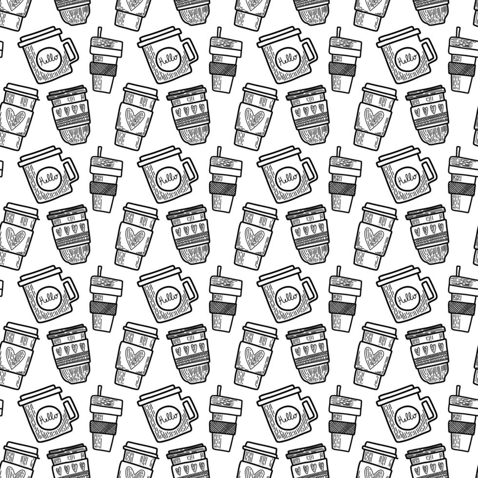 Vector seamless pattern. Outline Illustrations of reusable cups. Coffee and tea mugs for take away drinks. For advertising social media posts printing on paper and fabric.