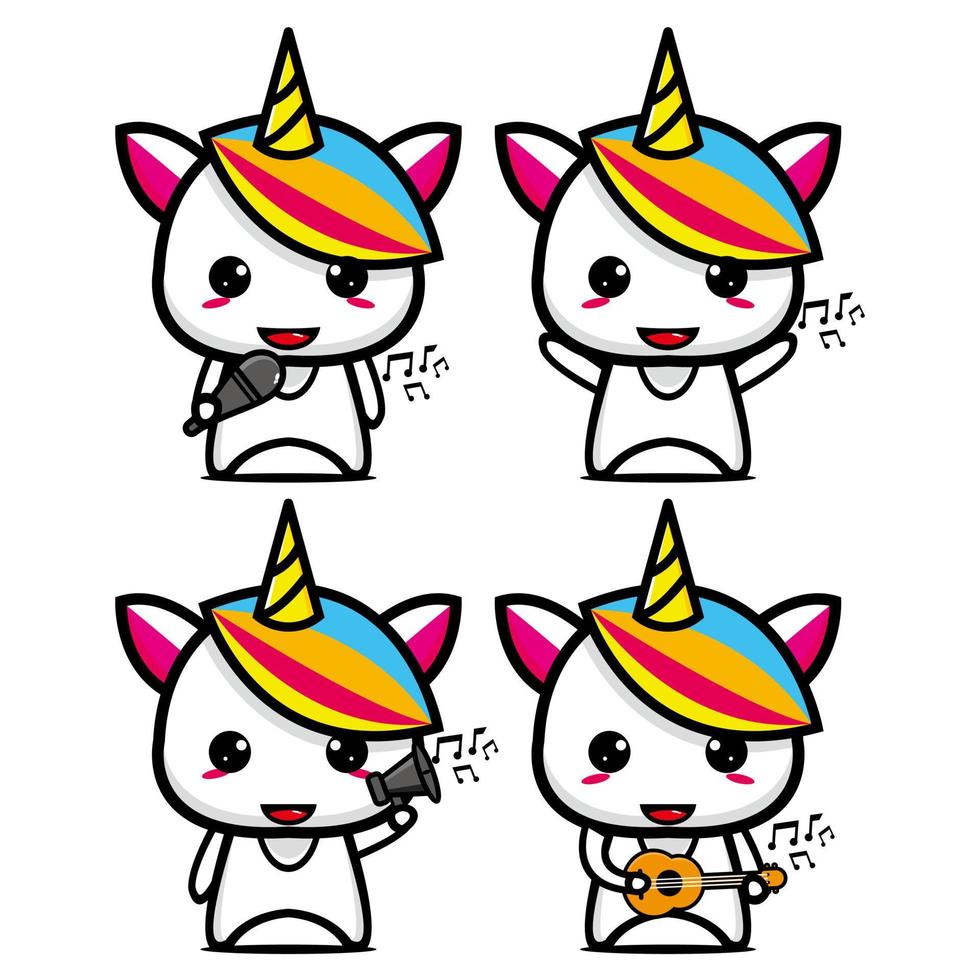 establecer una colección de adorables personajes de diseño de mascotas de unicornio. Aislado en un fondo blanco. concepto de paquete de idea de logotipo de mascota de personaje lindo vector