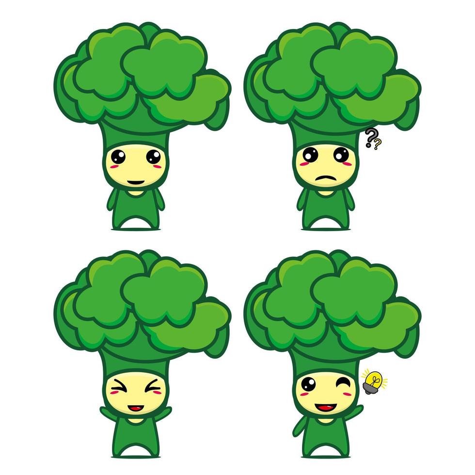 Set collection of cute broccoli mascot design character. Isolated on a white background. Cute character mascot logo idea bundle concept vector