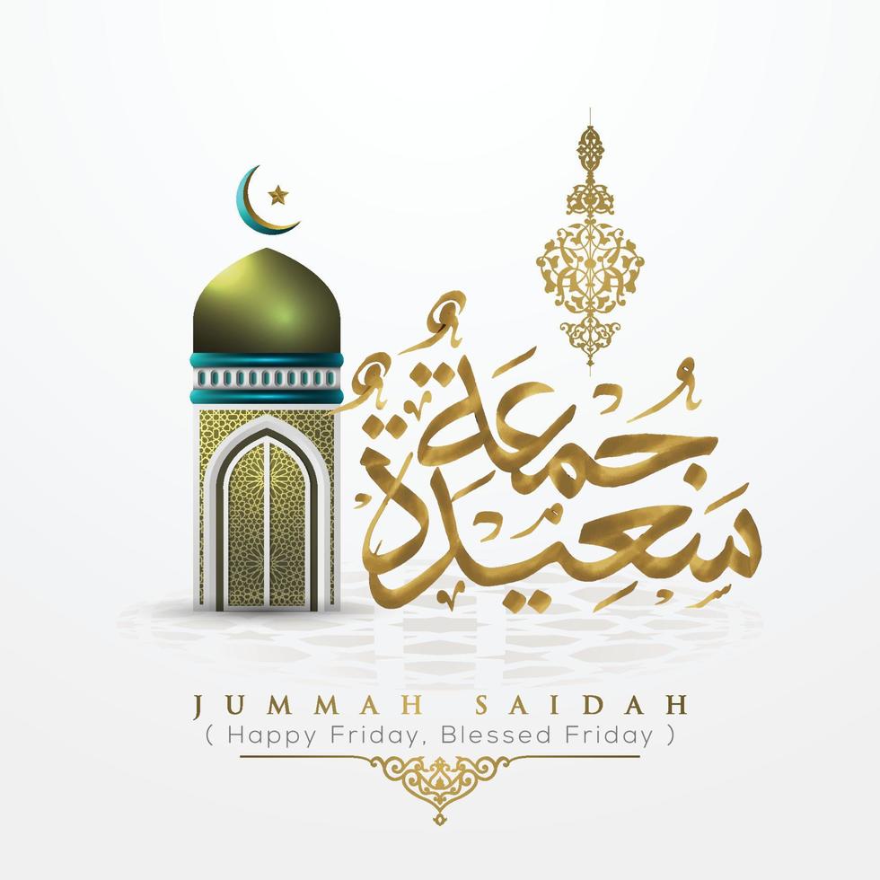 jummah tayibah caligrafía árabe de oro brillante con diseño de vector de patrón floral y mezquita. también se puede usar para tarjeta, fondo, banner y portada, papel tapiz. el medio es bendecido viernes, feliz viernes