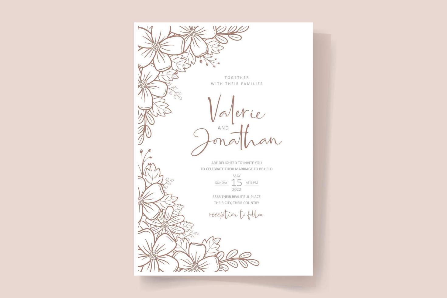 Wedding invitation with floral outline vector