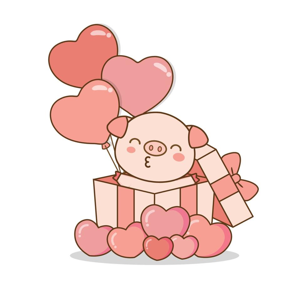 Cute Pig holding pink ballon and sit in the gift box. Valentines day greeting card. vector