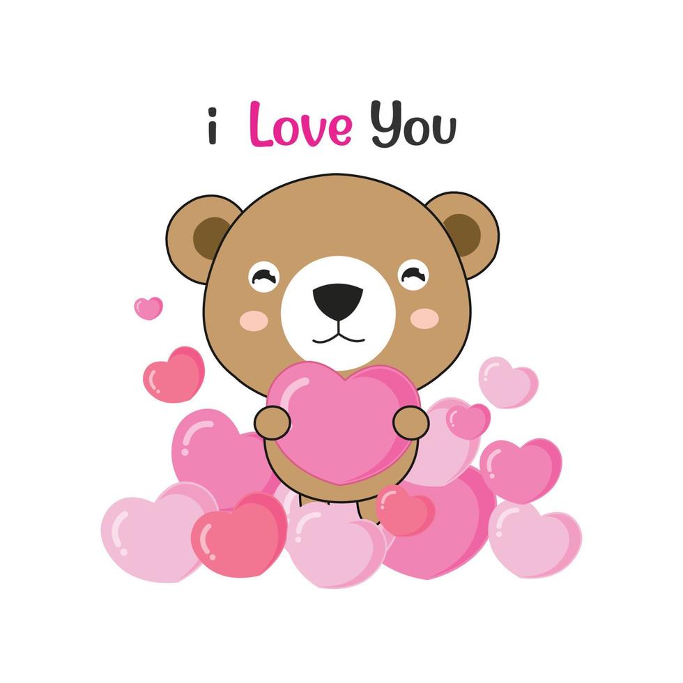 lindo oso sosteniendo corazones rosas. diciendo te amo. vector