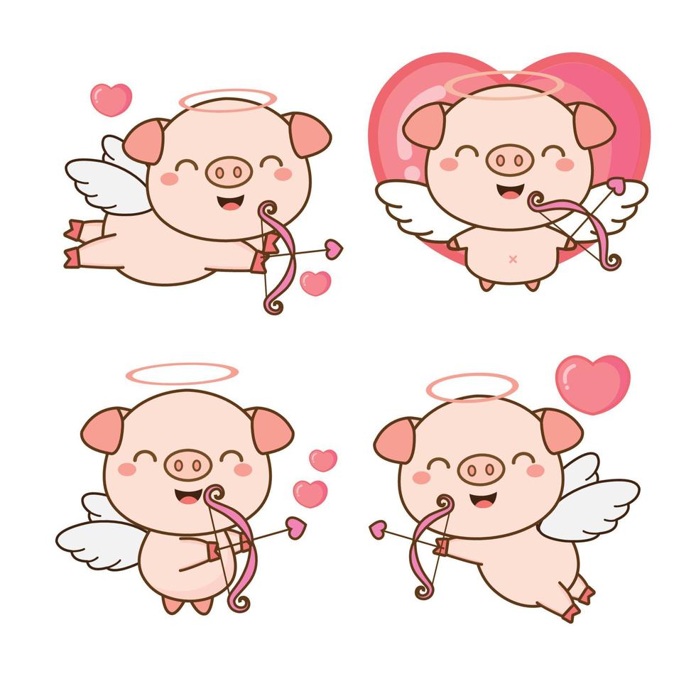 Set of cute pig cupid with bow and arrow. vector