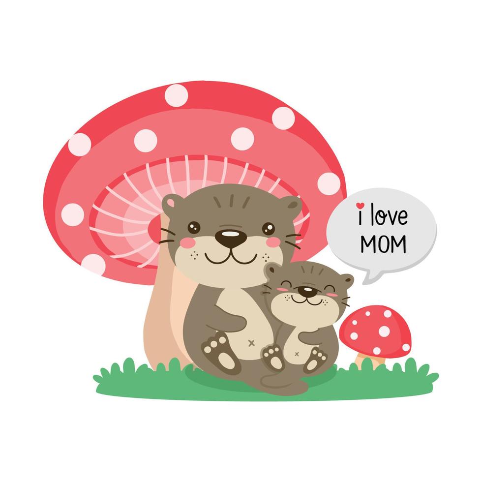 Cute Otters for Mother's Day. Otters mom and baby under mushrooms. vector