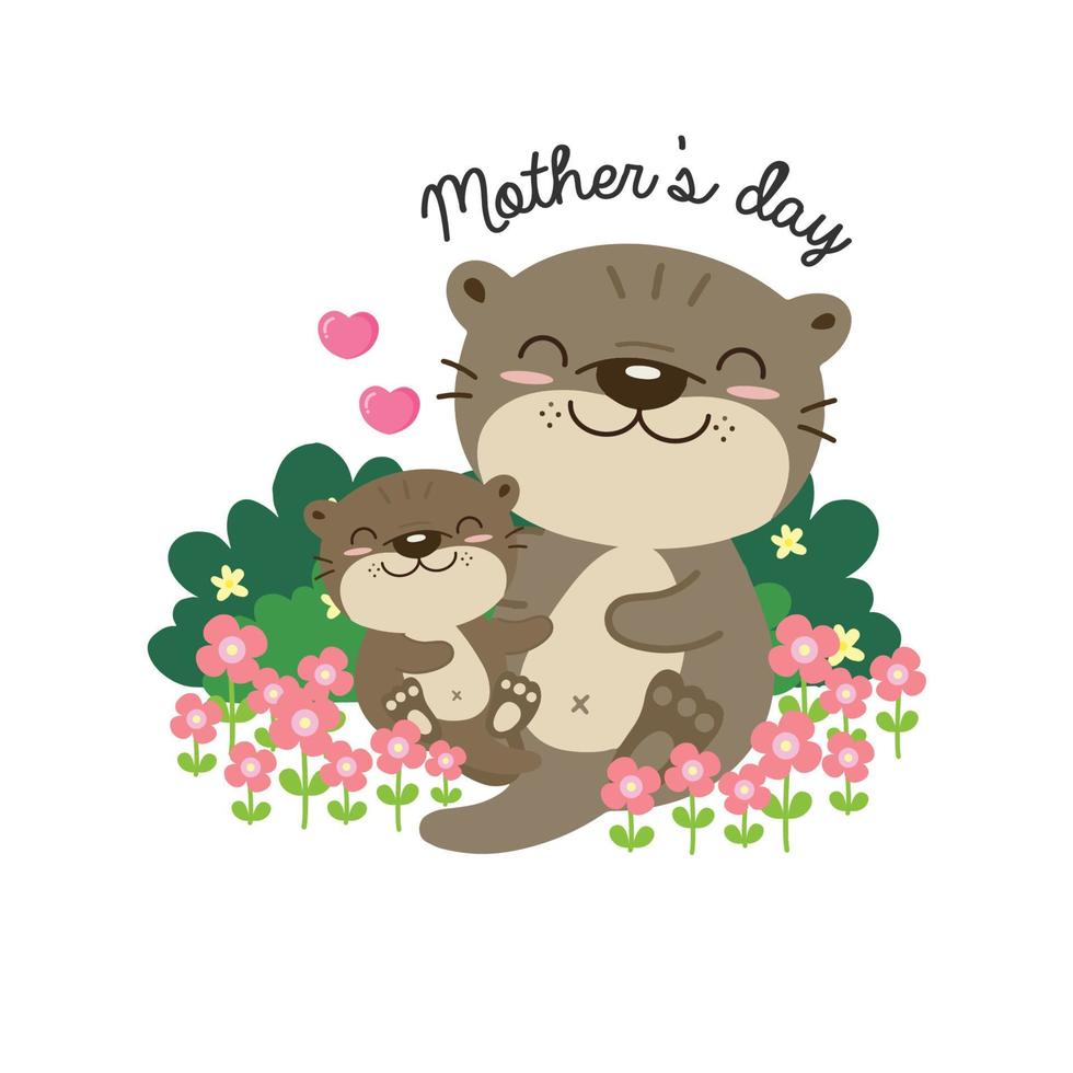 Cute Otters for Mother's Day. Otters mom and baby sleep on flower field. vector